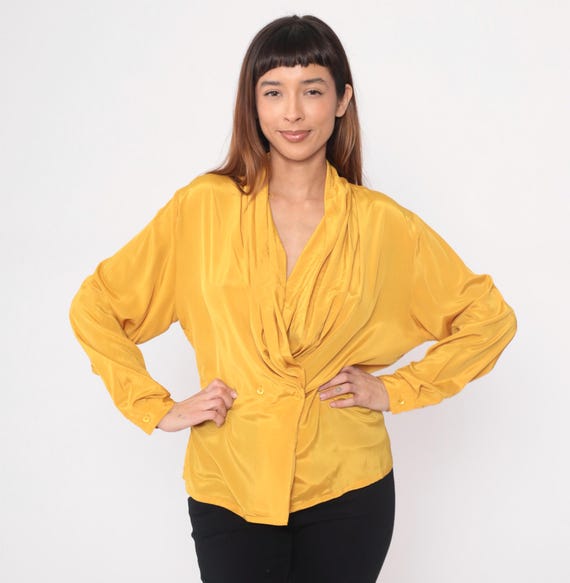 90s Yellow Blouse Wrap Front Draped Neckline Long Sleeve Button Closure Deep Plunging Mustard Gold Vintage Office Secretary Top Large L