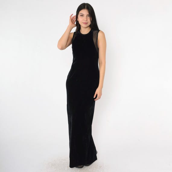 Vintage Black Velvet Dress 90s Maxi Party Dress Sheer Mesh Back Rhinestone Button Goth Rear Slit Sleeveless Sheath 1990s Gothic Small 6