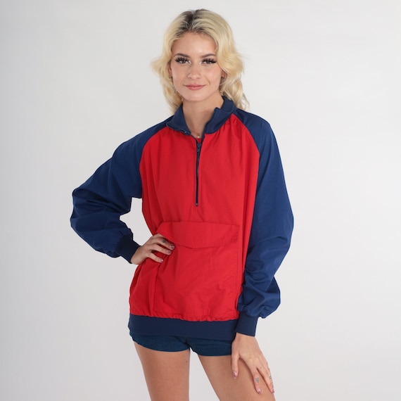80s Windbreaker Red Blue Pullover Quarter Zip Jacket Zipper Side Color Block Raglan Sleeve Pocket Streetwear Vintage 1980s Extra Small xs