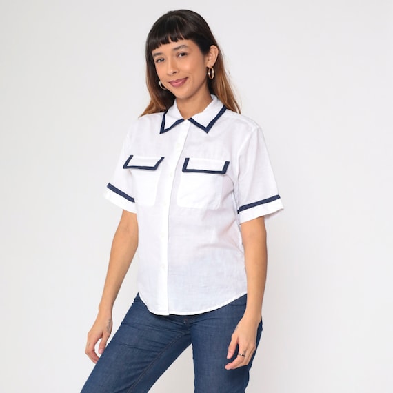 White Blouse 90s Button up Shirt Short Sleeve Navy Blue Striped Trim Top Retro Preppy Summer Secretary Vintage 1990s Talbots Extra Small xs