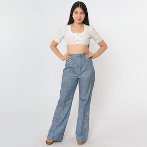 70s Blue Bell Bottom Trousers Vintage Denim-Look Flared Pants High Waisted Rise Boho Hippie Creased Slacks Retro Seventies 1970s Small xs
