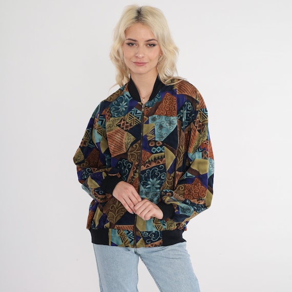 Floral Bomber Jacket 90s Windbreaker Abstract Patchwork Flower Print Zip Up Coat Retro Boho Statement Novelty Hippie Vintage 1990s Medium M