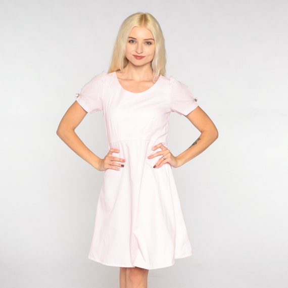 Baby Pink Dress 80s Mini Party Dress Short Puff Sleeve Empire Waist Rosette Retro Pastel Formal Prom Vintage 1980s Extra Small xs