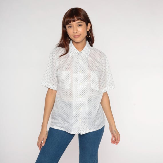 Polka Dot Shirt 70s White Blue Button Up Short Sleeve Shirt Retro Preppy Collared Button Down Top Basic Vintage 1970s Mens Medium M
