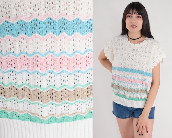 Sheer Sweater Top 80s White Striped Knit Shirt Open Weave Scalloped Short Sleeve Blouse Cutout Pink Blue Green Vintage 1980s Medium