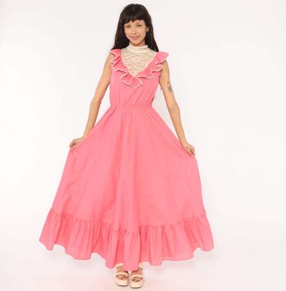 70s Pink Lace Bib Maxi Dress Ruffle Trim Sleeveless Prairie Gown High Neck Floral Lace Panel Rose Cottagecore Tiered Feminine Medium M