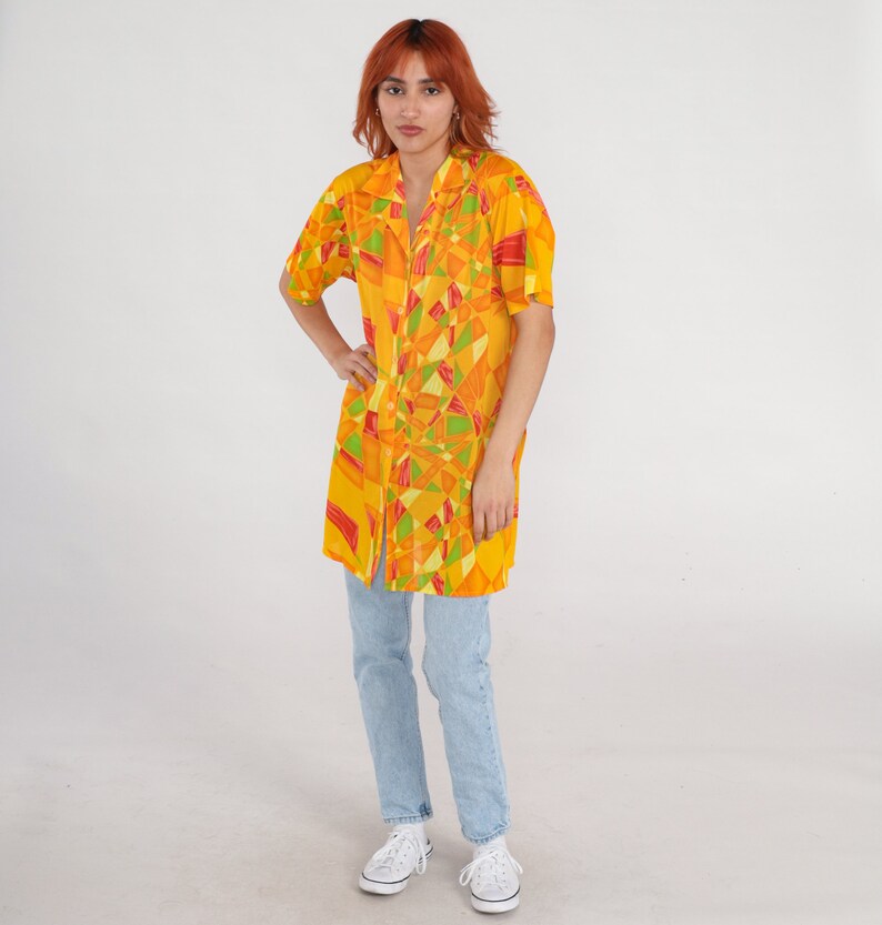 Mosaic Button Up Shirt 90s Yellow Geometric Print Blouse Button Up Shirt Short Sleeve 1990s Tropical Longline Orange Vintage Extra Large xl image 3