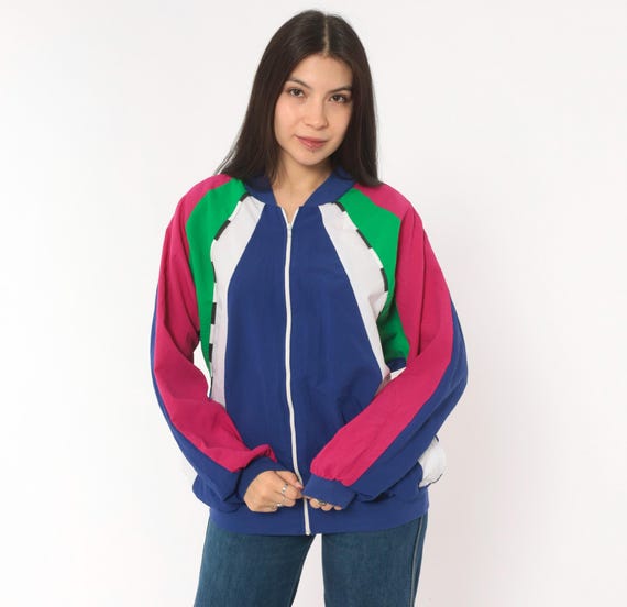 80s Color Block Windbreaker Navy Blue Magenta Green White Zip Front Bomber Jacket Striped Panel Sleeve Sporty Track Style Vintage Medium M
