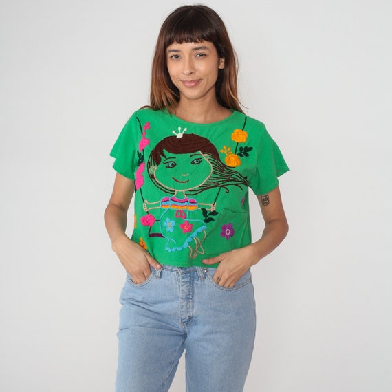 Embroidered Top 90s Green Floral Shirt Girl on Swing Flower Embroidery Short Sleeve Blouse Summer Hippie Cute Cotton Vintage 1990s Medium M
