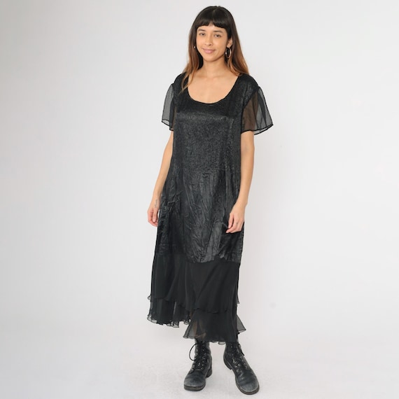Vintage Black Satin Dress 90s Chiffon Tiered Hem Flutter Sleeve Textured Party Midi 1990s Sheer Gothic Witchy Boho Grunge Oversize Large