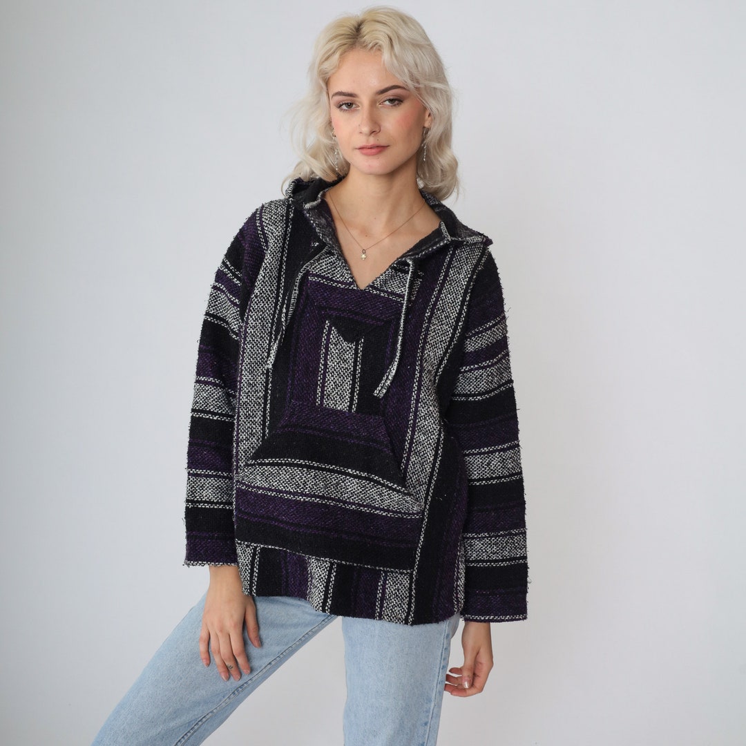 Baja Hoodie 90s Mexican Black White Purple Striped Drug Rug