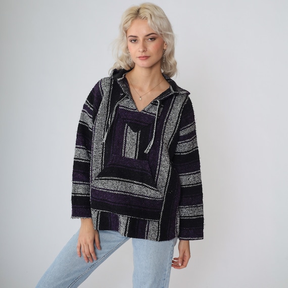 Baja Hoodie 90s Mexican Black White Purple Striped Drug Rug Sweatshirt Hippie Sweater Hooded Blanket Bohemian Kangaroo Pocket 1990s Small S