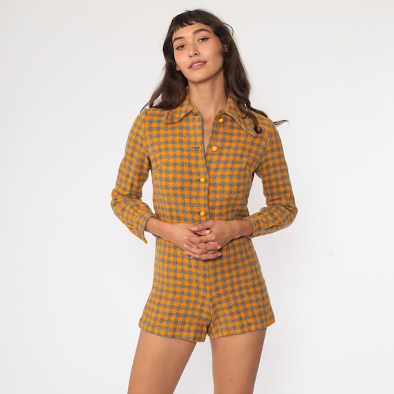 Vintage Houndstooth Romper Playsuit 70s Mod Orange Twiggy Play Suit Checkered Gogo Button Up 1960s Jumpsuit Shorts 60s Extra Small xs Petite