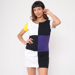 90s Color Block Dress Black Purple White Mini Dress Pocket Front Short Sleeve Party Dress Shift Ringer Vintage 1990s Small Medium image 4