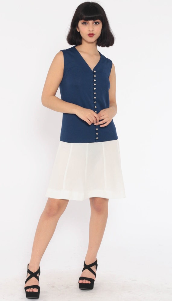 60s Mod Dress Mini Scooter Blue White 1960s Drop Waist Vintage Long Sleeve 70s Twiggy Button Up Gogo Small