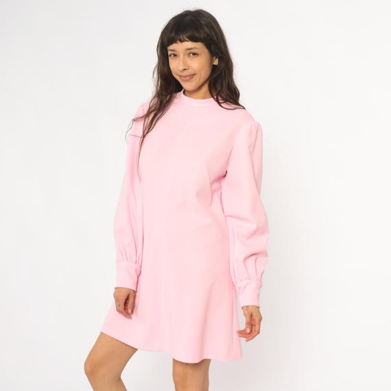 70s Pink Mini Dress Mock Neck Long Sleeve Shift Coquette Cottagecore Vintage Pastel 1970s A-Line Gathered Puff Sleeve Babydoll Party Large L