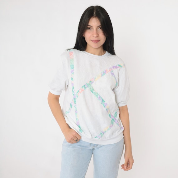 Vintage Slouchy White Shirt 80s 90s Striped Pastel Fruit Print Top Short Sleeve Banded Hem T Shirt 1990s Retro Medium M