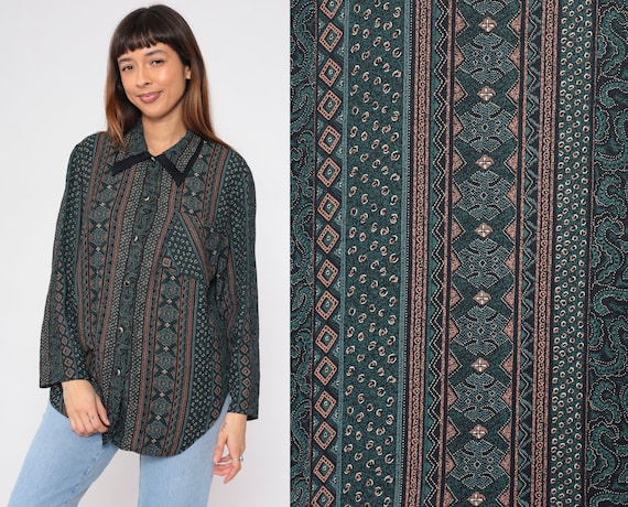 Boho Blouse 90s Button up Shirt Striped Abstract Print Long Sleeve Collared Top Layered Collar Chest Pocket Retro Vintage 1990s Large 14 16