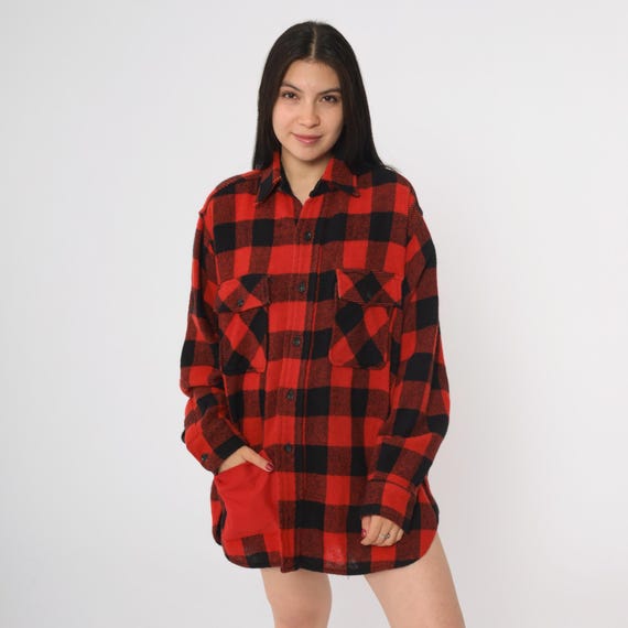 70s Buffalo Plaid Red Black Flannel Shirt Lumberjack Union Made Button Down Workwear Outdoor Hunting Oversized Long Sleeve Mens Large
