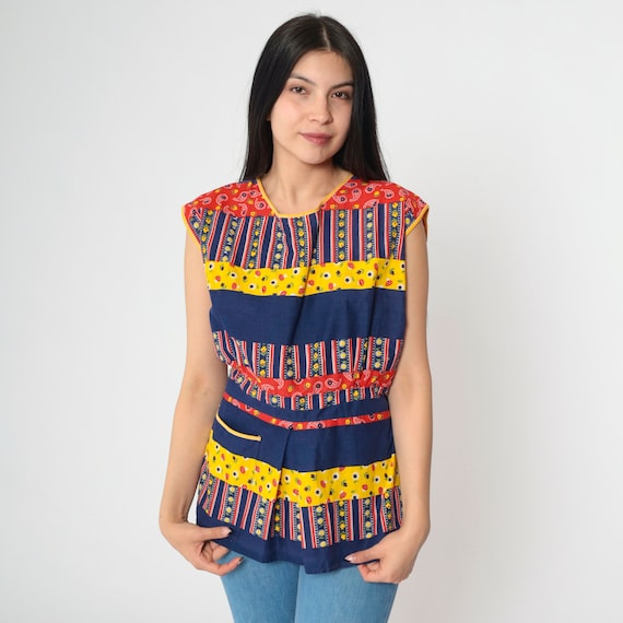 70s Colorful Patchwork Top Vintage Sleeveless Striped Paisley Open Back Apron Belted Tunic Blouse 1970s Yellow Red Navy Blue Calico Medium