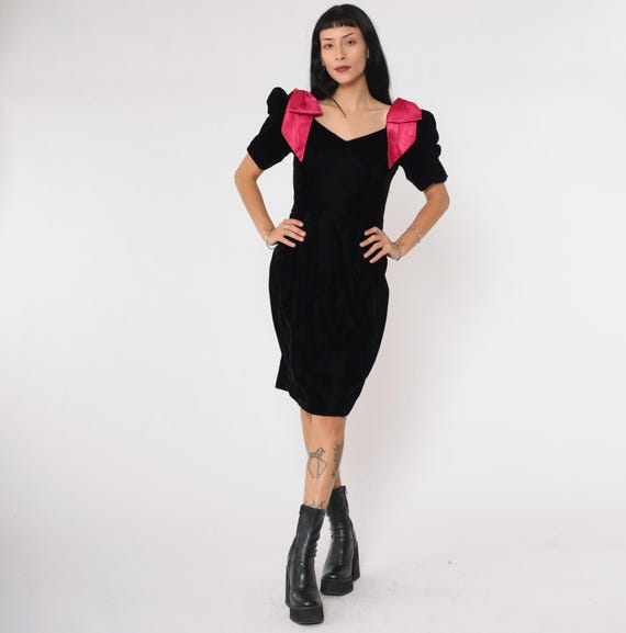 Vintage Velvet Party Dress 80s Black Satin Bow Mini Dress Puff Sleeve Sheath Formal Evening Cocktail Prom 1980s Fuchsia Trim Small 4