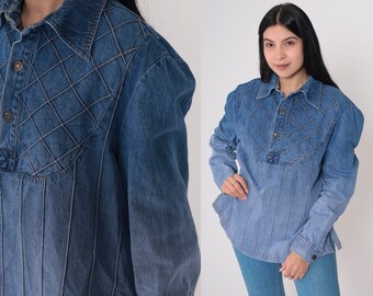 70s Denim Shirt Gradient Blue Jean Button Up Shirt Checkered Striped Topstitch Collared Top Retro Long Sleeve Seventies Vintage 1970s Large