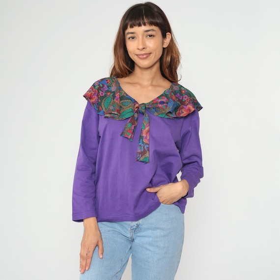 Floral Collar Tie Neck 90s Purple Maximalist Long Sleeve Cotton Blouse Vintage Pussy Bow Top Statement Shirt Casual Wear Medium M