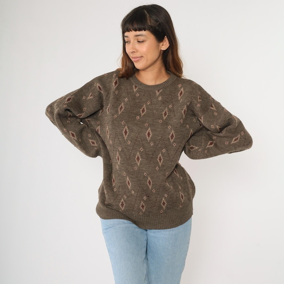 90s Merino Wool Sweater Vintage Brown Geometric Diamond Knit Pullover Sweater Zig Zag Print Retro Grunge Crewneck 1990s Men's Large