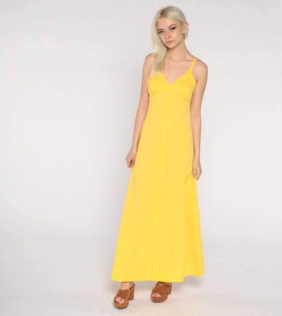 Vintage Yellow Summer Dress 70s Maxi Dress Empire Waist Casual Sleeveless A Line Bohemian Cocktail Boho Retro Glam Grecian 1970s Medium