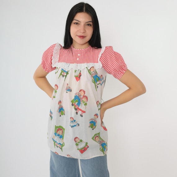 Vintage Raggedy Ann Pajama Shirt 70s 80s Peasant Blouse Boho Hippie Red Gingham Eyelet Lace Bib Sleep Shirt Sleepwear Cottagecore 1970s 2xs