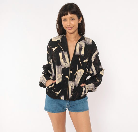 90s Abstract Bomber Jacket Black Cream Floral Vase Collared Relaxed Fit Loose Novelty Pattern Windbreaker  Blouson Vintage Coat Large L