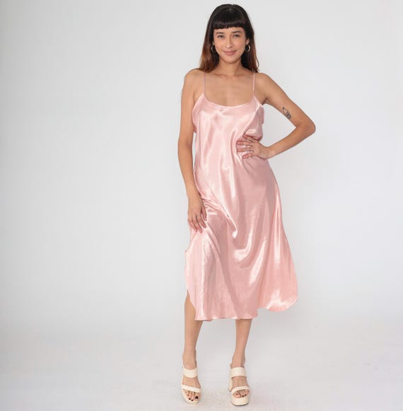 Pink Slip Dress Satin 90s Maxi Nightgown Spaghetti Strap Lingerie Minimalist Shiny Vintage Sleepwear Lounge Wear Intimates Large L