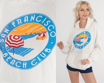 San Francisco Beach Club Hoodie 90s Hooded Sweatshirt California Beach Graphic Shirt White Raglan Sleeve Kangaroo Pocket Vintage 1990s Large