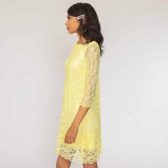 Mod Lace Dress 60s Mini Yellow Party Cocktail 196… - image 4