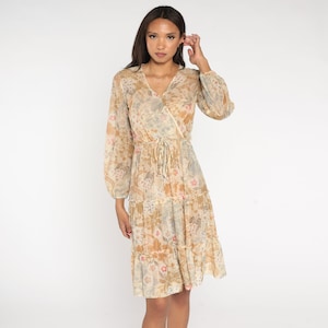 Sheer Floral Dress 70s Tiered Summer Midi Dress Faux Wrap Boho Chic Long Sleeve V Neck High Waist Retro Cream Tan Vintage 1970s Small S