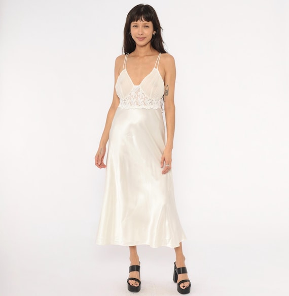 90s Lace Slip Dress Cream Satin Nightgown Pleated Bust Sheer Chiffon Midi V Neck Lingerie Style off White Coquette Tie Back Vintage Large L