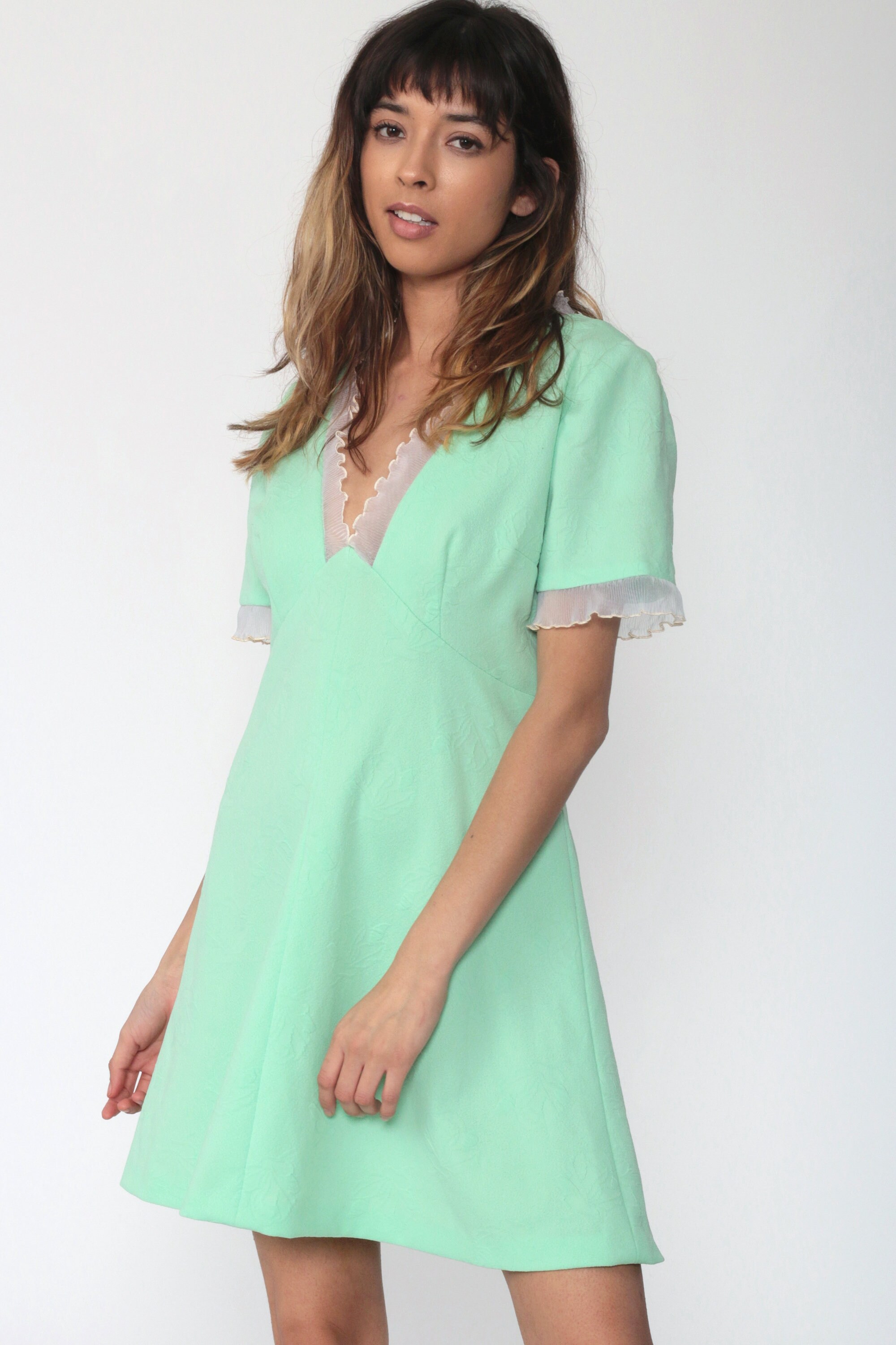 Green Babydoll Dress 70s Boho Mini Lace Pastel Mint Green 1970s Vintage Empire Waist Bohemian 