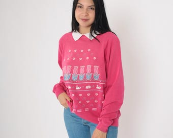 Vintage Pink Floral Sweatshirt 90s Goose & Bunny Rabbit Graphic Shirt Collared Retro Cute Grandma Sweater Raglan Sleeve 1990s Medium M