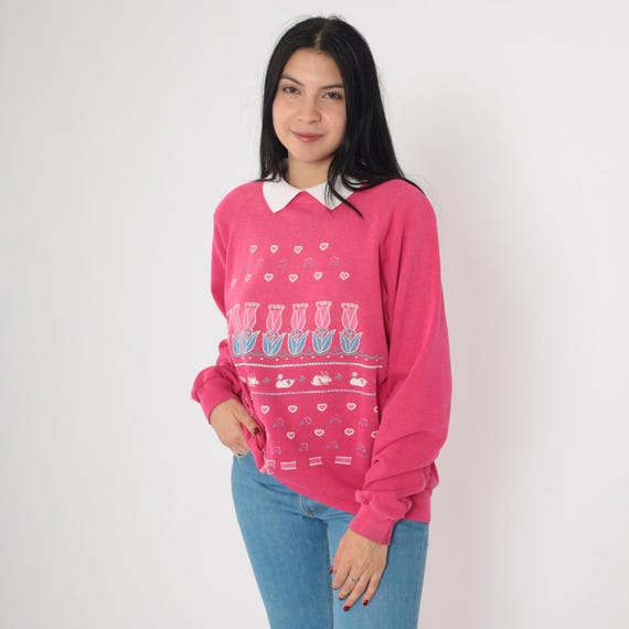 Vintage Pink Floral Sweatshirt 90s Goose & Bunny Rabbit Graphic Shirt Collared Retro Cute Grandma Sweater Raglan Sleeve 1990s Medium M
