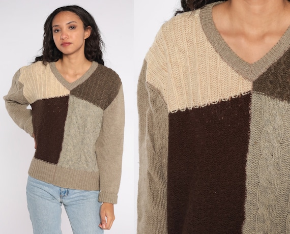 Wool Cable Knit Sweater 80s Color Block Sweater Taupe Brown V Neck Sweater Slouchy Pullover 1980s Boho Vintage Bohemian Large