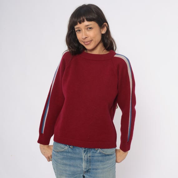 80s Burgundy Wool Sweater Wine Red Shoulder Stripe White Blue Knit Preppy Sporty Athletic Vintage Warm Cozy Winter Pullover Jumper Medium M