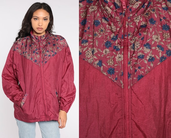 90s Floral Windbreaker Burgundy Flower Print Zip Up Jacket Nylon Track Jacket Boho Warmup Retro 1990s Streetwear Vintage Warm Up Medium M