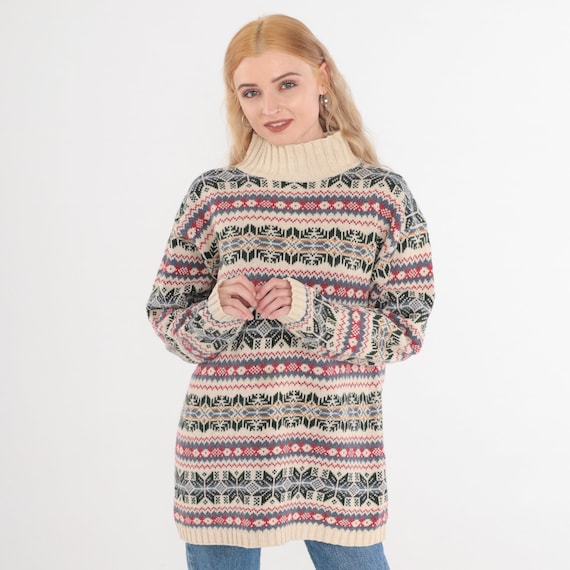 Nordic Snowflake Sweater 90s Turtleneck Knit Pullover Sweater Fair Isle Geometric Striped Cream Red Blue Cotton Ramie 1990s Vintage Large L