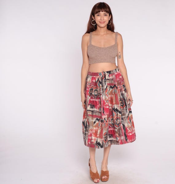 80s Southwestern Skirt Tribal Print Red Pink Black Tan Cotton Full Circle Gathered High Waist Pleated Ikat Abstract Pattern Vintage Medium M