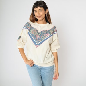 Vintage Paisley Floral Shirt 90s Cream Blouse Slouchy Shirt Mixed Media Top 1990s Casual Crewneck Short Sleeve Large L