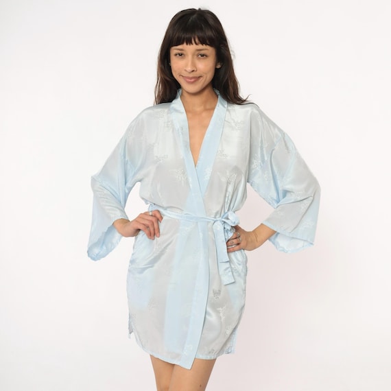 Baby Blue Robe 80s Kimono Wrap Sheer Floral Print Short Belted Bridal Bridesmaid Lingerie Boudoir Gown Sleepwear Nightwear Vintage Medium M
