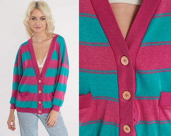 Striped Cardigan Sweatshirt 90s Pink Turquoise Button up Sweater Deep V Neck Slouchy Retro Sporty Casual Spring Vintage 1990s Large L