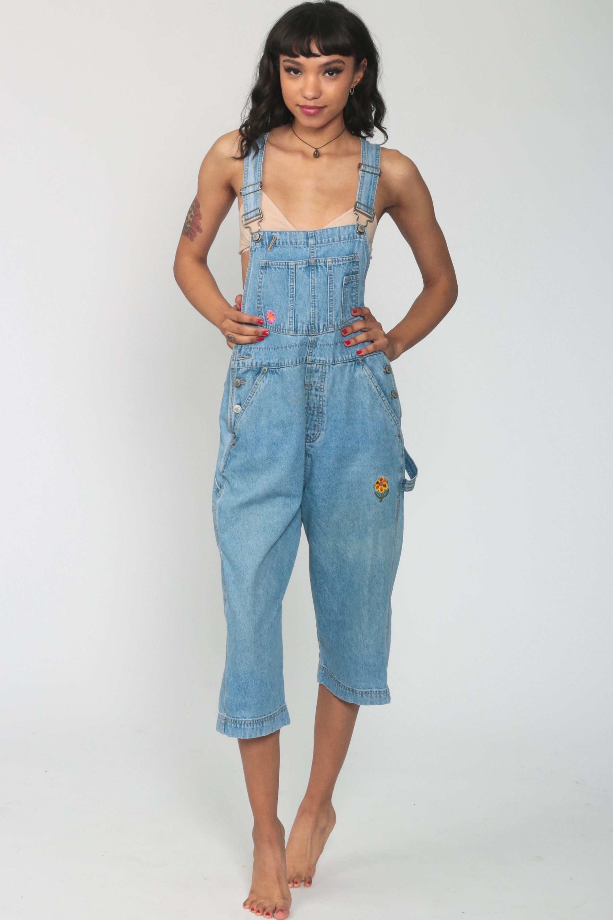 Cropped Denim Overalls Embroidered 