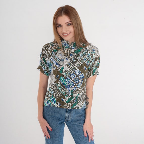Batik Blouse 80s Puff Sleeve Top Mandarin Collar Shirt Abstract Geometric Brown Olive Green Button Back Hippie Vintage 1980s You Babes XS