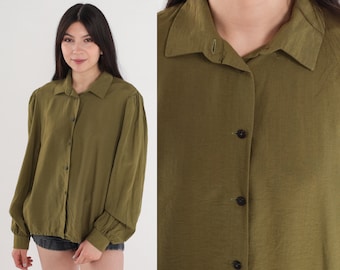 Olive Green Blouse 80s Button up Shirt Long Puff Sleeve Top Simple Basic Plain Minimalist Neutral Earth Tone Rayon Vintage 1980s Medium M